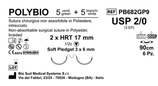 Sutura Polybio HRT 17 USP 2-0 - EP 3 90 cm threads: 5 White + 5 Green x Bs. Doub.Arm. Pledget Soft 3x6 6Bs.