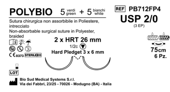 Sutura Polybio HRT26 USP 2-0 - EP 3 75 cm Threads: 5 White + 5 Green x Bs. Doub.Arm. Pledget Hard 3x6 Box 6