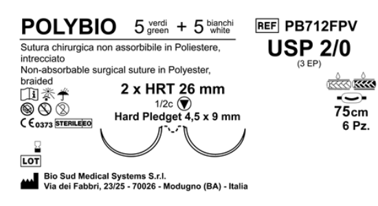 Sutura Polybio HRT26 USP 2-0 - EP 3 75 cm threads: 5 White + 5 Green x Bs. Doub.Arm. Pled.Hard 4.5X9.Box 6