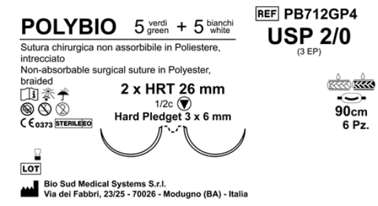 Sutura Polybio HRT 26 USP 2-0 - EP 3 90 cm threads: 5 White + 5 Green x Bs. Doub.Arm. Pledget Hard 3x6 6Bs.
