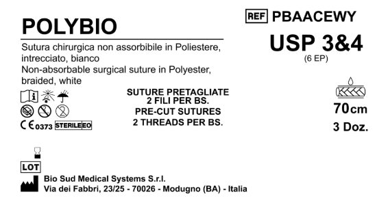 Sutura Polybio Precutted USP 3/4 - EP 6 70 cm White Bs. 36 x 2 Threads