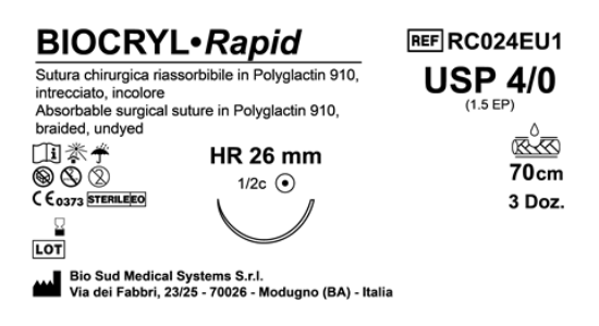 Sutura Biocryl Rapid HR 26 USP 4-0  - EP 1.5 70 cm Undyed Box 36 pcs