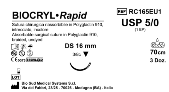 Sutura Biocryl Rapid DS 16 USP 5-0 - EP 1 70 cm Undyed Box 36 pcs