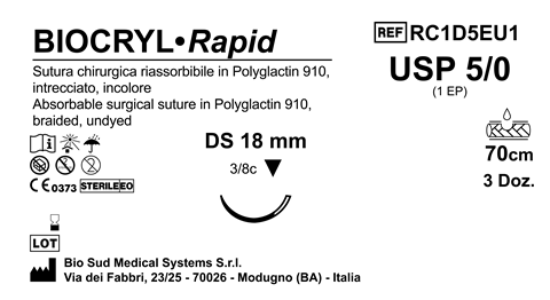 Sutura Biocryl Rapid DS 18 USP 5-0 - EP 1 70 cm Undyed Box 36 pcs