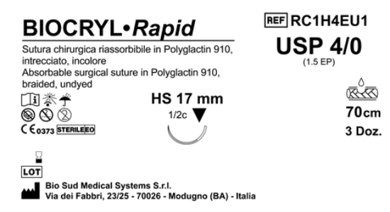 Sutura Biocryl Rapid HS 17 USP 4-0  - EP 1.5 70 cm Undyed Box 36 pcs