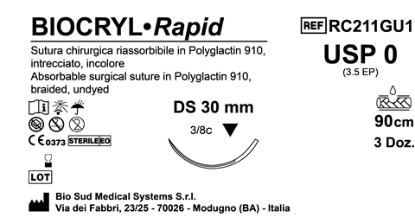 Sutura Biocryl Rapid DS 30 USP 0 - EP 3.5 90 cm Undyed Box 36 pcs
