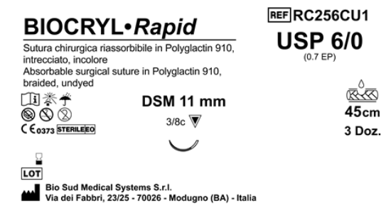 Sutura Biocryl Rapid DSM 11 USP 6-0 - EP 0.7 45 cm Undyed Box 36 pcs