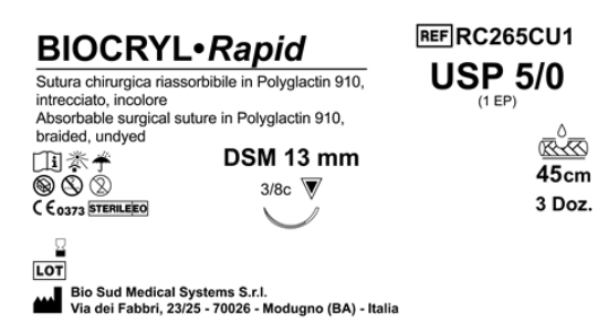 Sutura Biocryl Rapid DSM 13 USP 5-0 - EP 1 45 cm Undyed Box 36 pcs