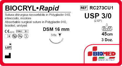 Sutura Biocryl Rapid DSM 16 USP 3-0 - EP 2 45 cm Undyed Box 36 pcs