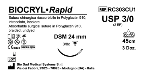 Sutura Biocryl Rapid DSM 24 USP 3-0 - EP 2 45 cm Undyed Box 36 pcs