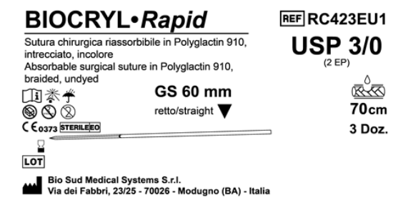 Sutura Biocryl Rapid GS 60 USP 3-0 - EP 2 70 cm Undyed Box 36 pcs