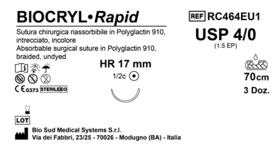 Sutura Biocryl Rapid HR 17 USP 4-0  - EP 1.5 70 cm Undyed Box 36 pcs
