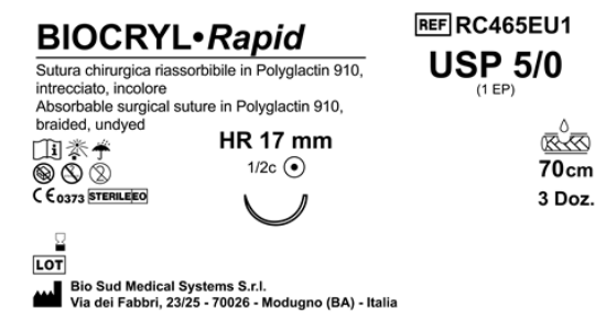 Sutura Biocryl Rapid HR 17 USP 5-0 - EP 1 70 cm Undyed Box 36 pcs