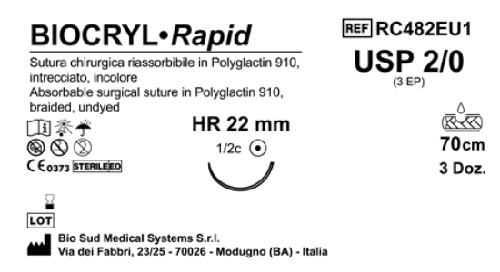 Sutura Biocryl Rapid HR 22 USP 2-0 - EP 3 70 cm Undyed Box 36 pcs