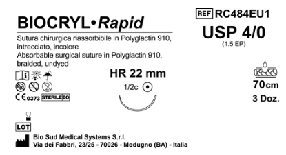 Sutura Biocryl Rapid HR 22 USP 4-0  - EP 1.5 70 cm Undyed Box 36 pcs