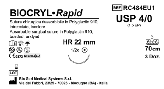 Sutura Biocryl Rapid HR 22 USP 4-0  - EP 1.5 70 cm Undyed Box 36 pcs