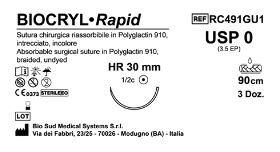 Sutura Biocryl Rapid HR 30 USP 0 - EP 3.5 90 cm Undyed Box 36 pcs