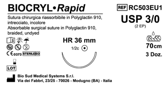 Sutura Biocryl Rapid HR 36 USP 3-0 - EP 2 70 cm Undyed Box 36 pcs