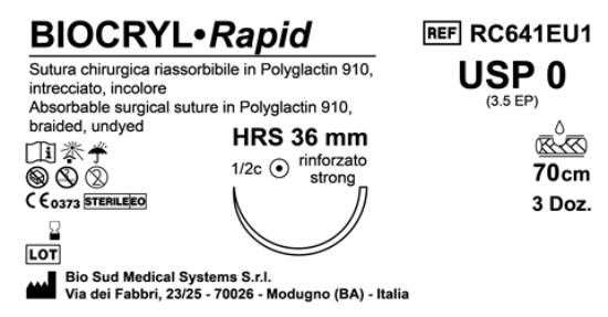 Sutura Biocryl Rapid HRS 36 USP 0 - EP 3.5 70 cm Undyed Box 36 pcs