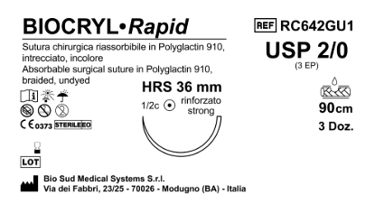 Sutura Biocryl Rapid HRS 36 USP 2-0 - EP 3 90 cm Undyed Box 36 pcs