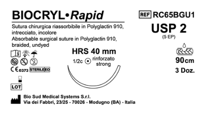 Sutura Biocryl Rapid HRS 40 USP 2 - EP 5 90 cm Undyed Box 36 pcs