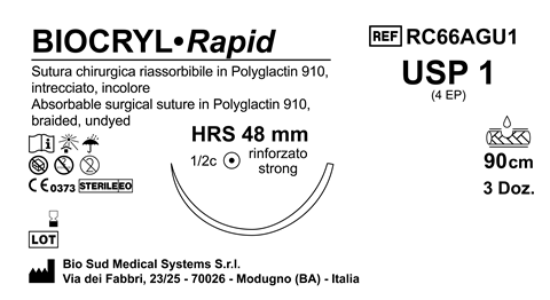 Sutura Biocryl Rapid HRS 48 USP 1 - EP 4 90 cm Undyed Box 36 pcs
