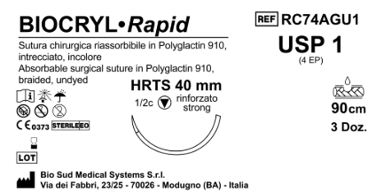 Sutura Biocryl Rapid HRTS 40 USP 1 - EP 4 90 cm Undyed Box 36 pcs