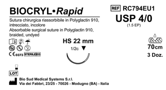 Sutura Biocryl Rapid HS 22 USP 4-0  - EP 1.5 70 cm Undyed Box 36 pcs