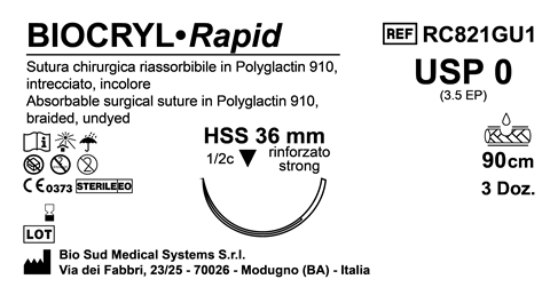 Sutura Biocryl Rapid HSS 36 USP 0 - EP 3.5 90 cm Undyed Box 36 pcs