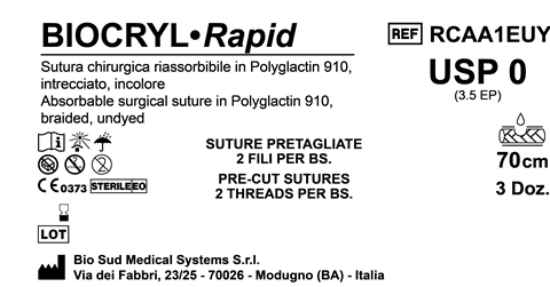 Sutura Biocryl Rapid Precutted USP 0 - EP 3.5 70 cm Undyed Bs. 36 x 2 threads