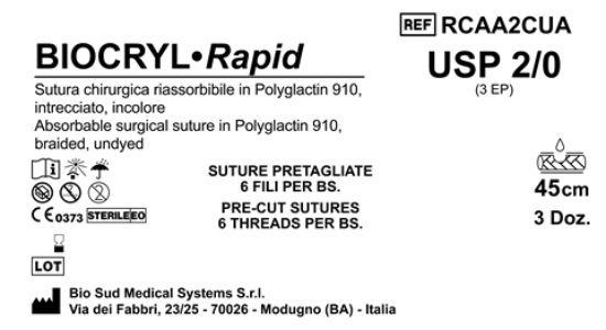 Sutura Biocryl Rapid Precutted USP 2-0 - EP 3 45 cm Undyed Bs. 36 x 6 threads
