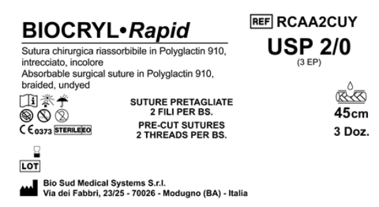 Sutura Biocryl Rapid Precutted USP 2-0 - EP 3 45 cm Undyed Bs. 36 x 2 threads