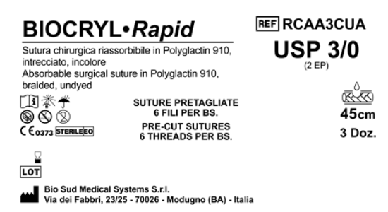 Sutura Biocryl Rapid Precutted USP 3-0 - EP 2 45 cm Undyed Bs. 36 x 6 threads