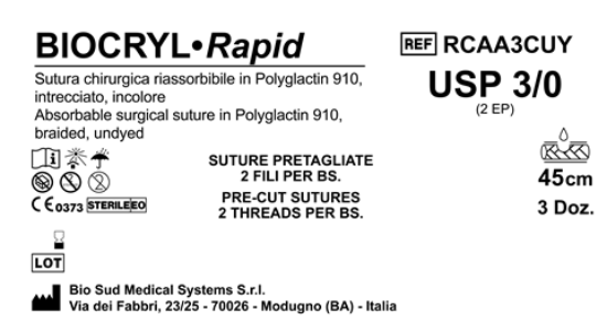 Sutura Biocryl Rapid Precutted USP 3-0 - EP 2 45 cm Undyed Bs. 36 x 2 threads