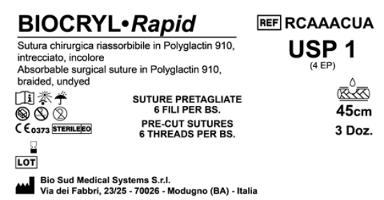 Sutura Biocryl Rapid Precutted USP 1 - EP 4 45 cm Undyed Bs. 36 x 6 threads
