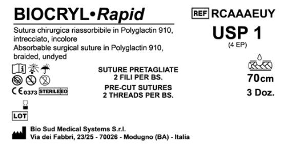 Sutura Biocryl Rapid Precutted USP 1 - EP 4 70 cm Undyed Bs. 36 x 2 threads