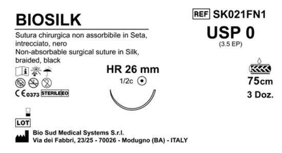 Sutura Biosilk HR26 USP 0 - EP 3.5 75 cm Black Box 36 pcs