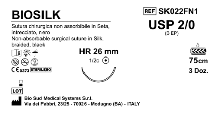 Sutura Biosilk HR26 USP 2-0 - EP 3 75 cm Black Box 36 pcs