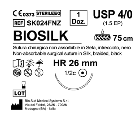 Sutura Biosilk HR 26 USP 4-0  - EP 1.5 75 cm Black Box 12 pcs