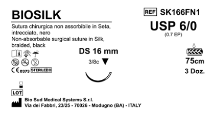 Sutura Biosilk DS 16 USP 6-0 - EP 0.7 75 cm Black Box 36 pcs