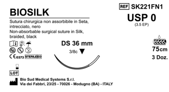 Sutura Biosilk DS36 USP 0 - EP 3.5 75 cm Black Box 36 pcs