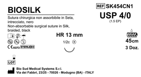 Sutura Biosilk HR13 USP 4-0  - EP 1.5 45 cm Black Box 36 pcs
