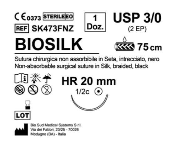 Sutura Biosilk HR 20 USP 3-0 - EP 2 75 cm Black Box 12 pcs