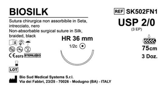 Sutura Biosilk HR36 USP 2-0 - EP 3 75 cm Black Box 36 pcs