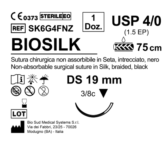 Sutura Biosilk DS 19 USP 4-0  - EP 1.5 75 cm Black Box 12 pcs