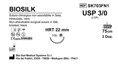 Sutura Biosilk HRT 22 USP 3-0 - EP 2 75 cm Black Box 36 pcs