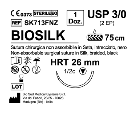 Sutura Biosilk HRT 26 USP 3-0 - EP 2 75 cm Black Box 12 pcs
