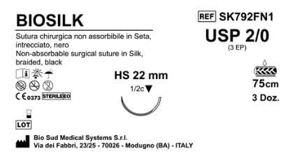 Sutura Biosilk HS22 USP 2-0 - EP 3 75 cm Black Box 36 pcs