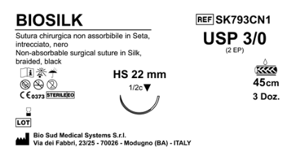 Sutura Biosilk HS22 USP 3-0 - EP 2 45 cm Black Box 36 pcs