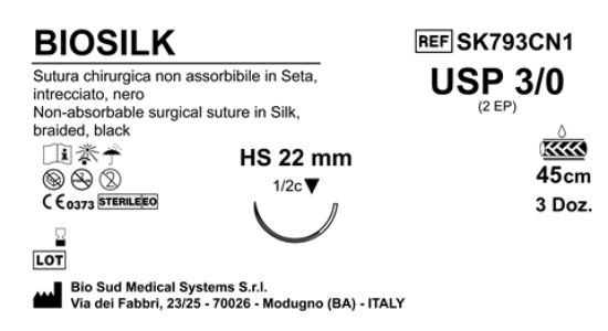 Sutura Biosilk HS22 USP 3-0 - EP 2 45 cm Black Box 36 pcs